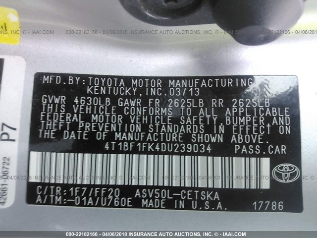 4T1BF1FK4DU239034 - 2013 TOYOTA CAMRY L/SE/LE/XLE SILVER photo 9