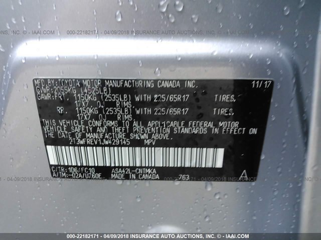 2T3WFREV1JW429145 - 2018 TOYOTA RAV4 ADVENTURE/XLE GRAY photo 9