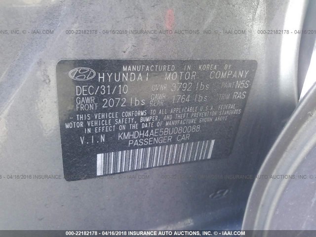 KMHDH4AE5BU080088 - 2011 HYUNDAI ELANTRA GLS/LIMITED SILVER photo 9