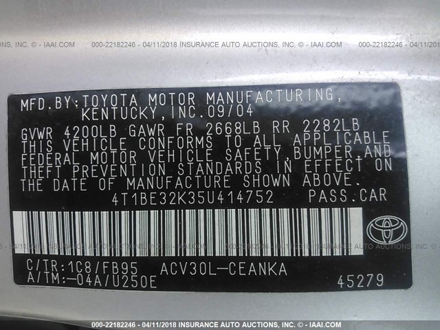 4T1BE32K35U414752 - 2005 TOYOTA CAMRY LE/XLE/SE SILVER photo 9