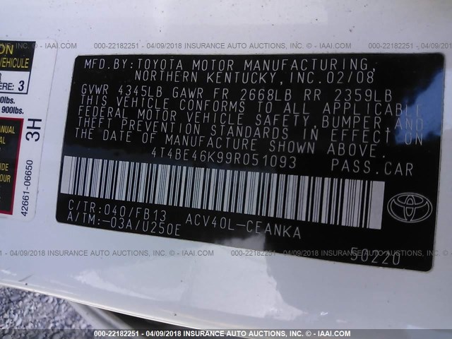 4T4BE46K99R051093 - 2009 TOYOTA CAMRY SE/LE/XLE WHITE photo 9