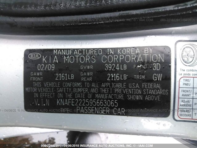 KNAFE222595663065 - 2009 KIA SPECTRA EX/LX/SX SILVER photo 9