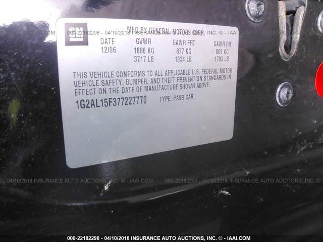 1G2AL15F377227770 - 2007 PONTIAC G5 BLACK photo 9