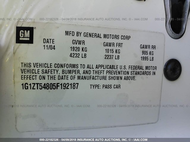 1G1ZT54805F192187 - 2005 CHEVROLET MALIBU LS 白色 照片 9