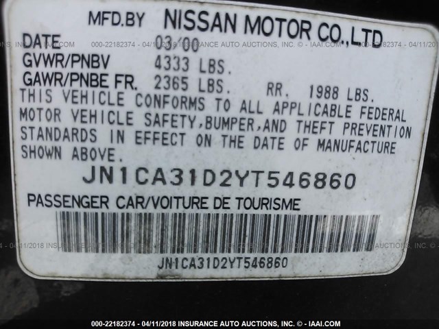 JN1CA31D2YT546860 - 2000 NISSAN MAXIMA GLE/GXE/SE MAROON photo 9