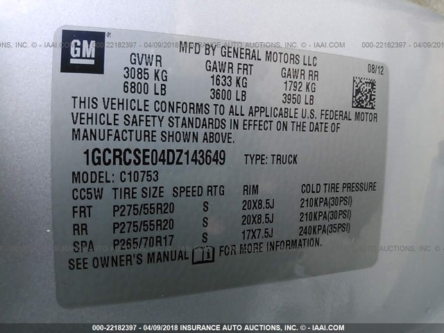 1GCRCSE04DZ143649 - 2013 CHEVROLET SILVERADO C1500 LT SILVER photo 9