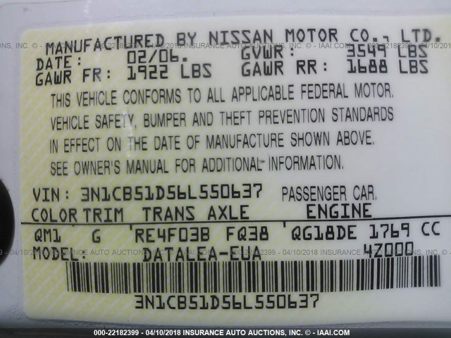 3N1CB51D56L550637 - 2006 NISSAN SENTRA 1.8/1.8S WHITE photo 9