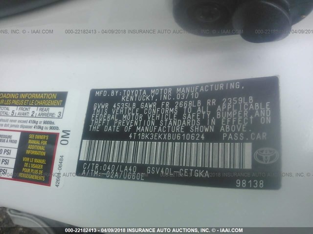 4T1BK3EKXBU610624 - 2011 TOYOTA CAMRY SE/LE/XLE WHITE photo 9