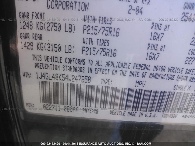 1J4GL48K54W247658 - 2004 JEEP LIBERTY SPORT 黑色 照片 9