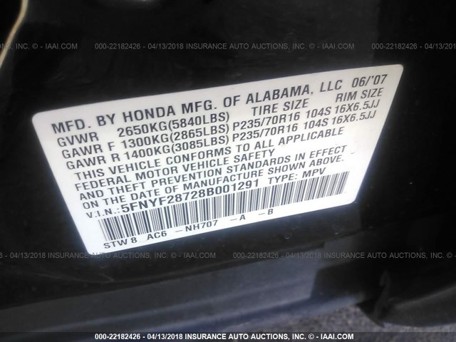 5FNYF28728B001291 - 2008 HONDA PILOT EXL BLACK photo 9