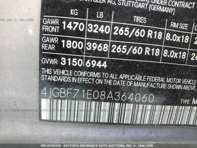 4JGBF71E08A364060 - 2008 MERCEDES-BENZ GL 450 4MATIC GRAY photo 9