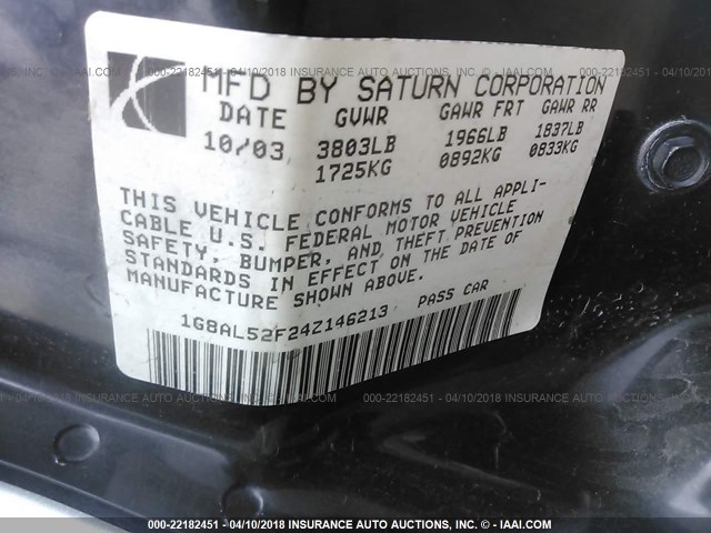 1G8AL52F24Z146213 - 2004 SATURN ION LEVEL 3 WHITE photo 9