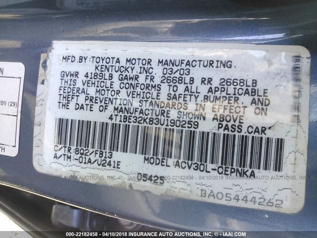 4T1BE32K83U190259 - 2003 TOYOTA CAMRY LE/XLE/SE Көк фото 9