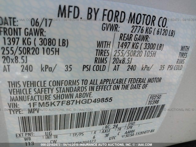 1FM5K7F87HGD49855 - 2017 FORD EXPLORER LIMITED 白色 照片 9