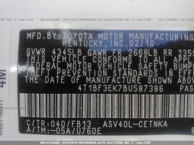 4T1BF3EK7BU587386 - 2011 TOYOTA CAMRY SE/LE/XLE WHITE photo 9