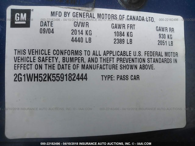 2G1WH52K559182444 - 2005 CHEVROLET IMPALA LS BLUE photo 9