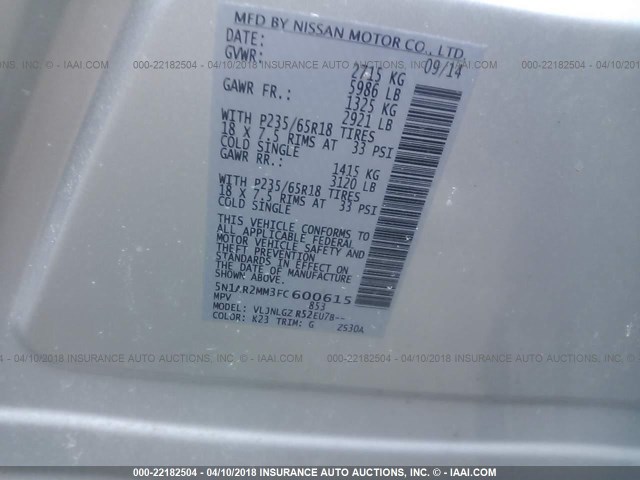 5N1AR2MM3FC600615 - 2015 NISSAN PATHFINDER S/SV/SL/PLATINUM 银色 照片 9