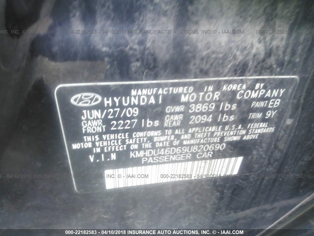 KMHDU46D69U820690 - 2009 HYUNDAI ELANTRA GLS/SE BLACK photo 9