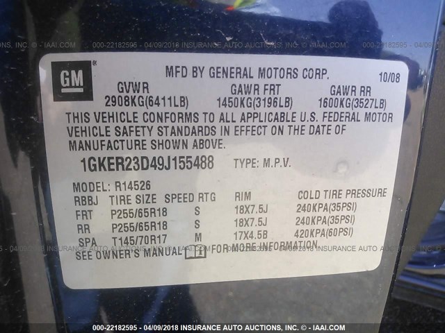 1GKER23D49J155488 - 2009 GMC ACADIA SLT-1 Ciemnoniebieski zdjęcie 9