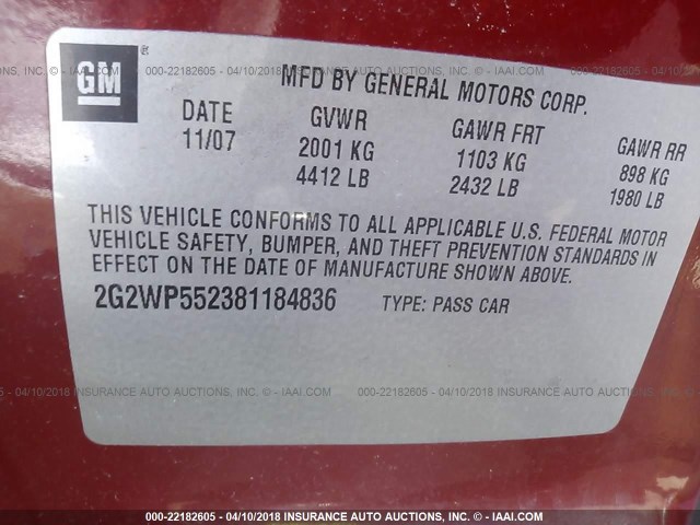 2G2WP552381184836 - 2008 PONTIAC GRAND PRIX Қызыл фото 9