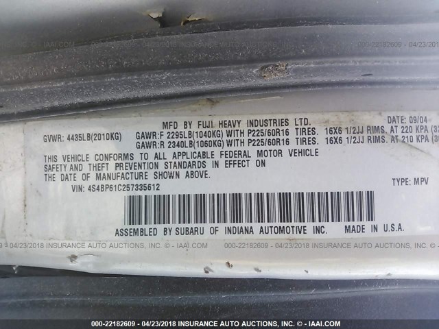 4S4BP61C257335612 - 2005 SUBARU LEGACY OUTBACK 2.5I SILVER photo 9