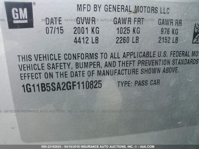 1G11B5SA2GF110825 - 2016 CHEVROLET MALIBU LIMITED LS SILVER photo 9