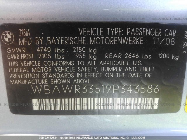 WBAWR33519P343586 - 2009 BMW 328 I SULEV BLUE photo 9