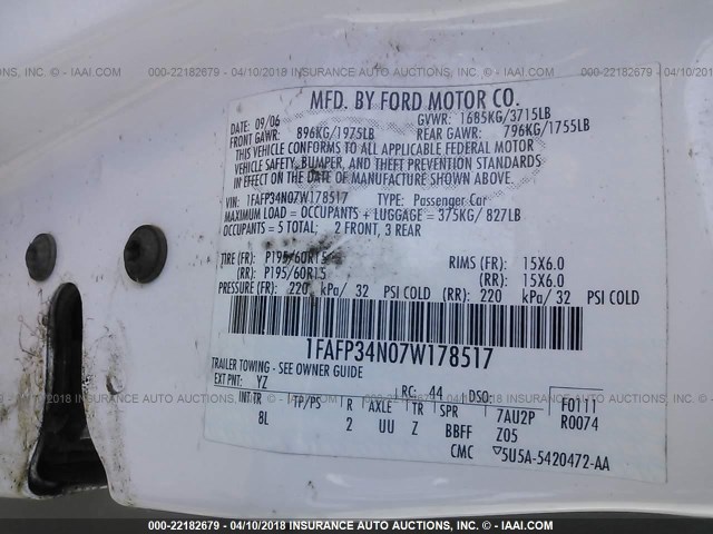 1FAFP34N07W178517 - 2007 FORD FOCUS ZX4/S/SE/SES 白色 照片 9