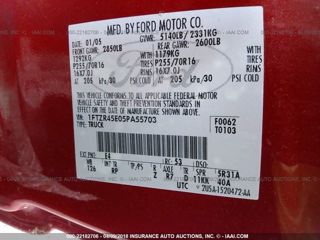 1FTZR45E05PA55703 - 2005 FORD RANGER SUPER CAB RED photo 9