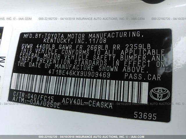 4T1BE46KX9U909469 - 2009 TOYOTA CAMRY SE/LE/XLE 白色 照片 9