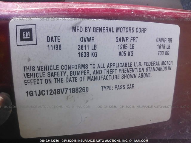 1G1JC1248V7188260 - 1997 CHEVROLET CAVALIER RS BURGUNDY photo 9