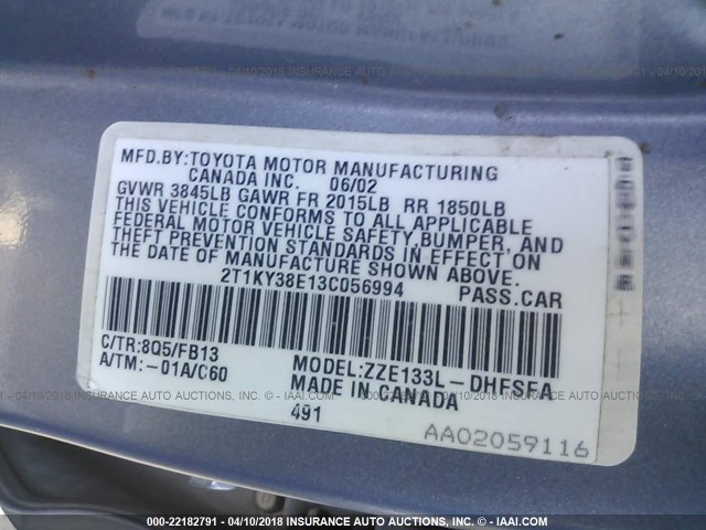 2T1KY38E13C056994 - 2003 TOYOTA COROLLA MATRIX XRS BLUE photo 9