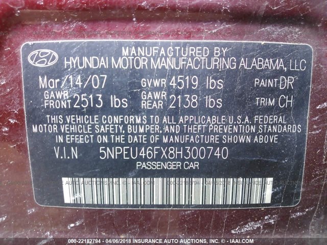 5NPEU46FX8H300740 - 2008 HYUNDAI SONATA SE/LIMITED MAROON photo 9