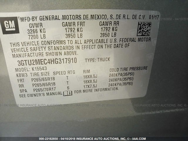 3GTU2MEC4HG317910 - 2017 GMC SIERRA K1500 SLE GRAY photo 9