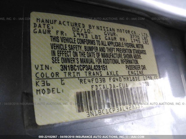 3N1BC1CP3AL428151 - 2010 NISSAN VERSA S/SL GRAY photo 9