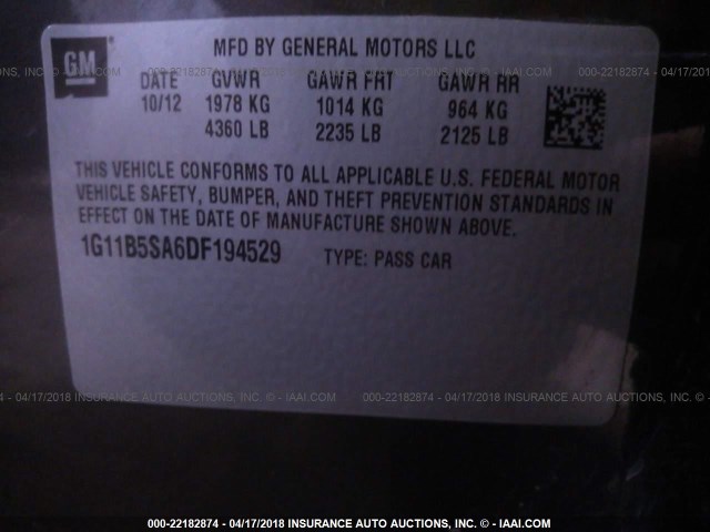 1G11B5SA6DF194529 - 2013 CHEVROLET MALIBU LS 灰色 照片 9