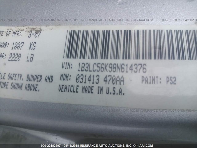 1B3LC56K98N614376 - 2008 DODGE AVENGER SXT SILVER photo 9