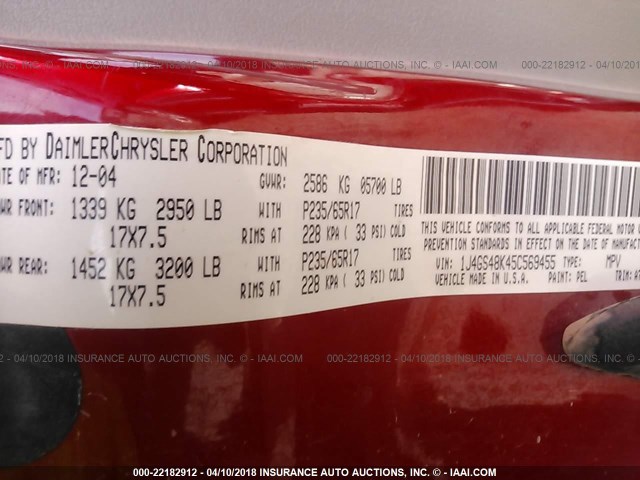 1J4GS48K45C569455 - 2005 JEEP GRAND CHEROKEE LAREDO/COLUMBIA/FREEDOM 红色 照片 9