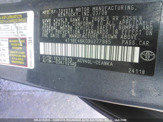 4T1BE46K09U277985 - 2009 TOYOTA CAMRY SE/LE/XLE GRAY photo 9