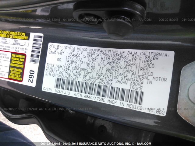 3TMJU4GN7AM092367 - 2010 TOYOTA TACOMA DOUBLE CAB PRERUNNER GRAY photo 9