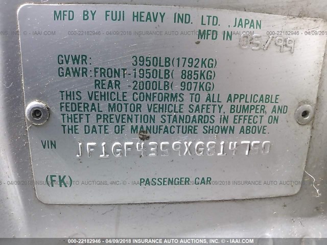 JF1GF4359XG814750 - 1999 SUBARU IMPREZA L GRAY photo 9