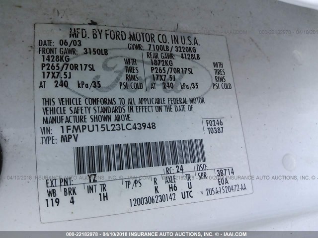 1FMPU15L23LC43948 - 2003 FORD EXPEDITION XLT WHITE photo 9
