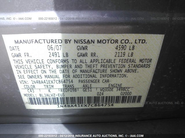 1N4BA41EX7C864754 - 2007 NISSAN MAXIMA SE/SL BEIGE photo 9