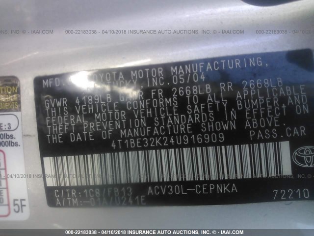 4T1BE32K24U916909 - 2004 TOYOTA CAMRY LE/XLE/SE SILVER photo 9