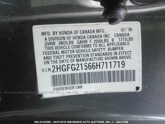 2HGFG21566H711719 - 2006 HONDA CIVIC SI GRAY photo 9