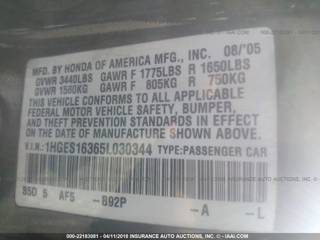 1HGES16365L030344 - 2005 HONDA CIVIC DX VP BLACK photo 9