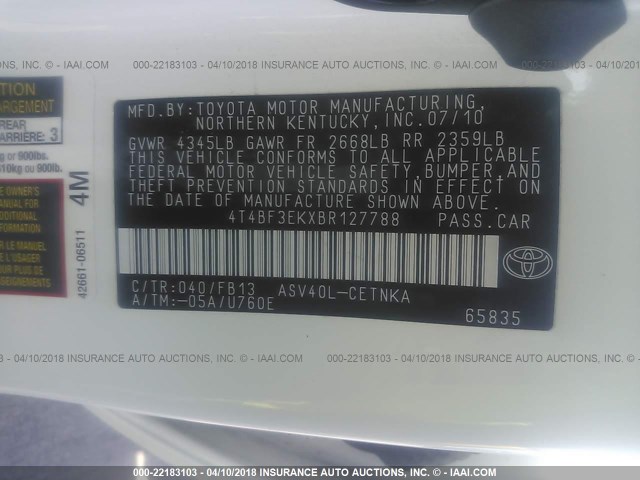 4T4BF3EKXBR127788 - 2011 TOYOTA CAMRY SE/LE/XLE WHITE photo 9