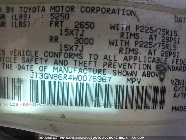 JT3GN86R4W0076967 - 1998 TOYOTA 4RUNNER SR5 WHITE photo 9