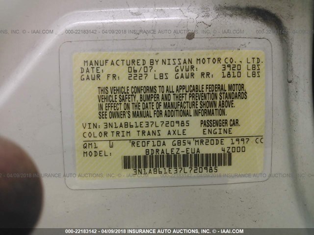 3N1AB61E37L720985 - 2007 NISSAN SENTRA 2.0/2.0S/2.0SL WHITE photo 9