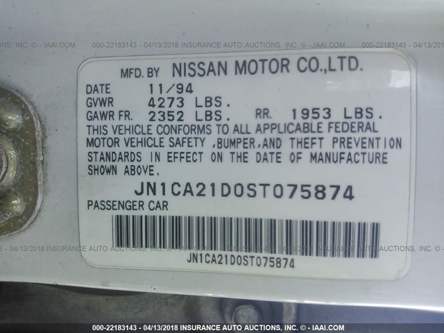 JN1CA21D0ST075874 - 1995 NISSAN MAXIMA GLE/GXE/SE WHITE photo 9